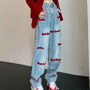 Dame Jeans Brevbroderi Løs Bred Ben Høj Talje