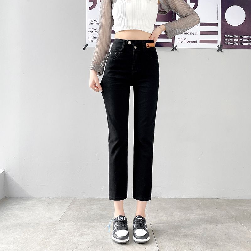 Dame Jeans Med Lige Ben Høj Talje Grå Cropped