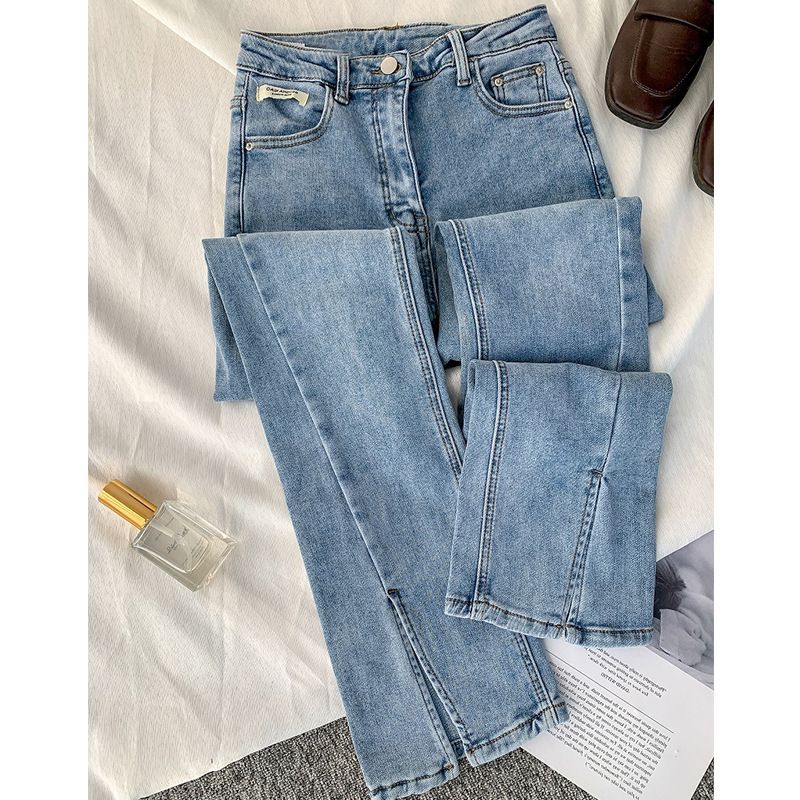 Dame Jeans Retro Højtalje Lige Slim Fit Elastiske Slid Flared Bukser