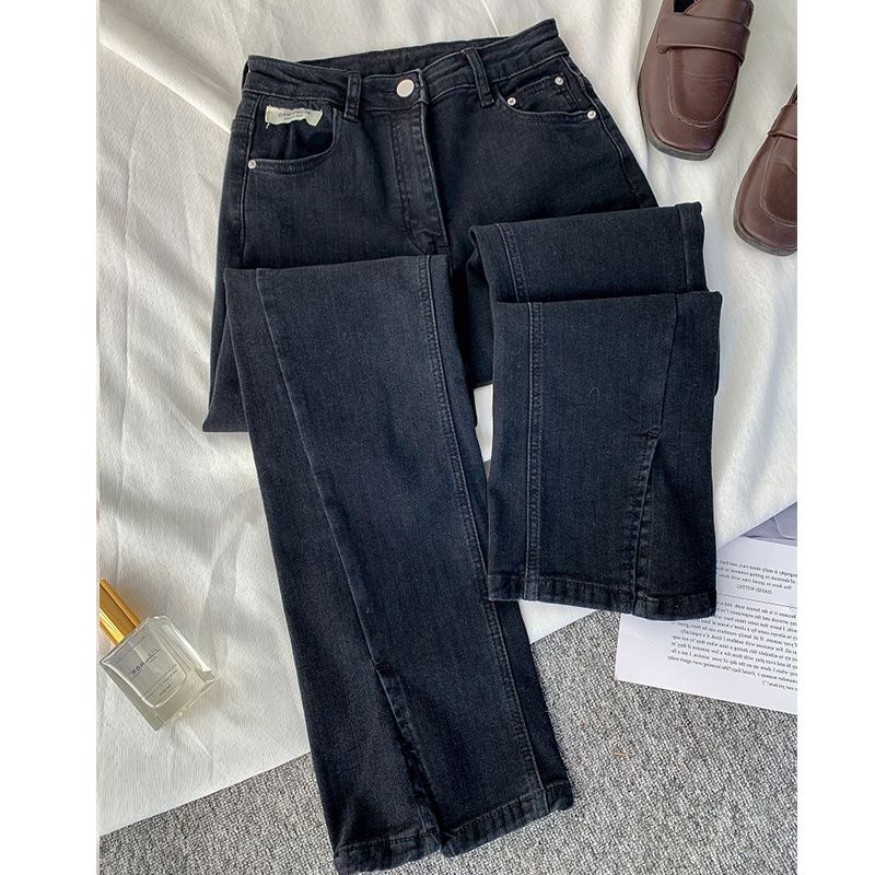 Dame Jeans Retro Højtalje Lige Slim Fit Elastiske Slid Flared Bukser