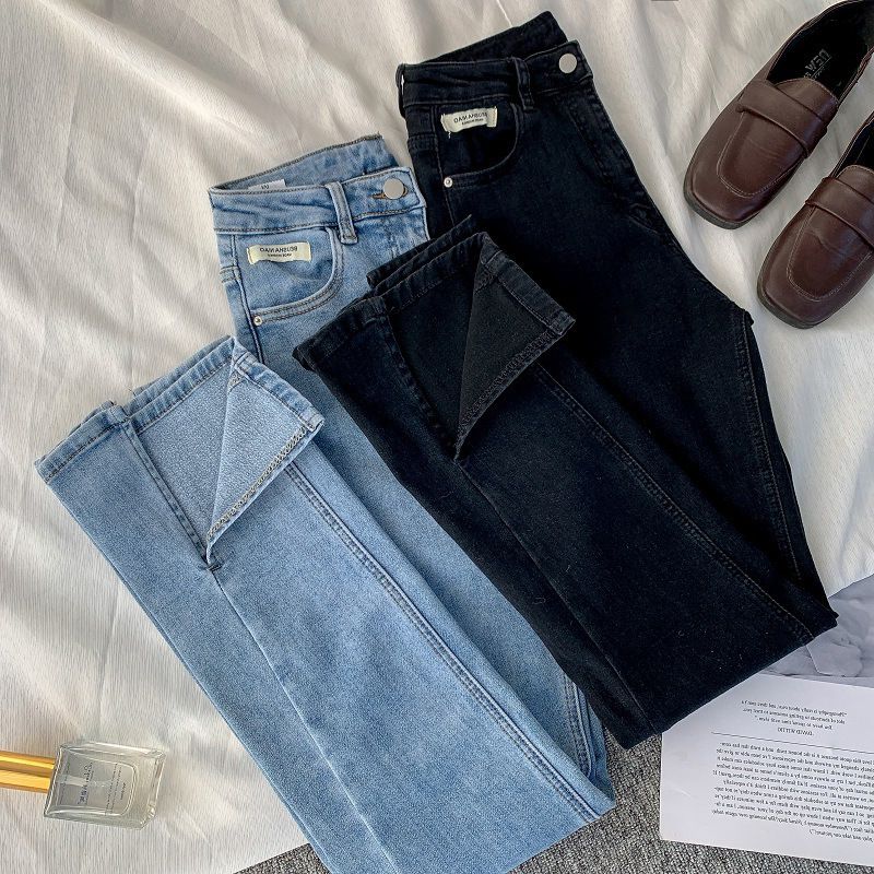 Dame Jeans Retro Højtalje Lige Slim Fit Elastiske Slid Flared Bukser