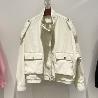Dame Læderjakke Loose Pocket Workwear Short Trend