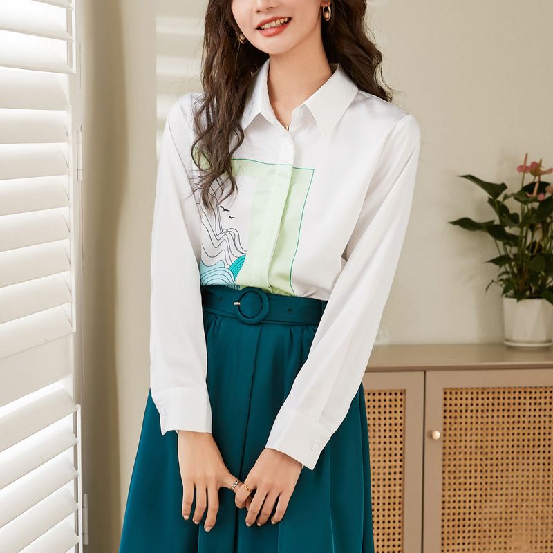 Dame Lapel Shirt Ensfarvet Temperament Langærmet Top
