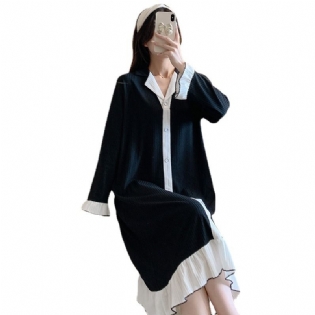 Dame Natkjole Ensfarvet Langærmet Lapel Homewear