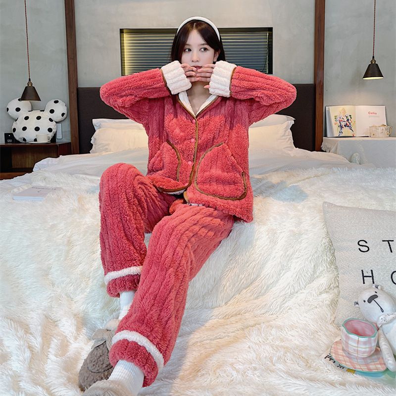 Dame Pyjamas Coral Fleece Fortykket Farvekontrast Revers Cardigan Lange Ærmer Hjemmetøjssæt