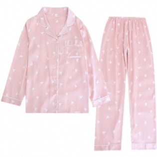 Dame Pyjamas Hjerte Silke Langærmet Homewear Tynde Jakkesæt
