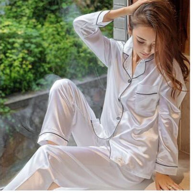 Dame Pyjamas Løs Ensfarvet Cardigan Langærmet Silke Hjemmetøjsdragter