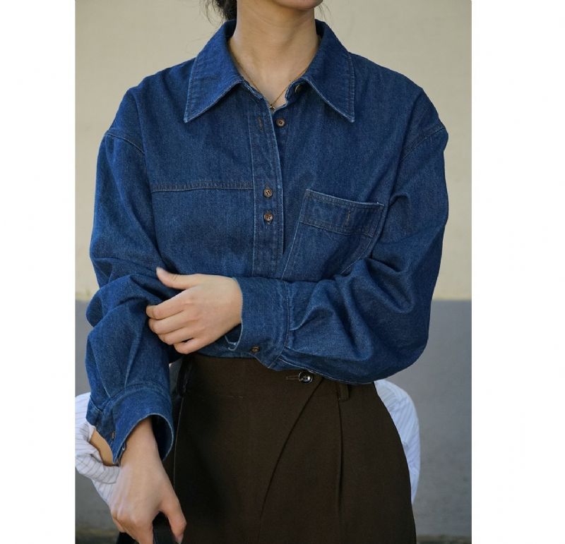 Dame Skjorte Kunst Retro Langærmet Klassisk Denim