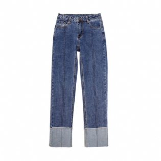 Dame Straight Fit Jeans Højtalje Elastik Beskåret
