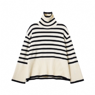 Dame Stribet Rullekrave Uld Strik Doven Profil Tyk Nordisk Sweater