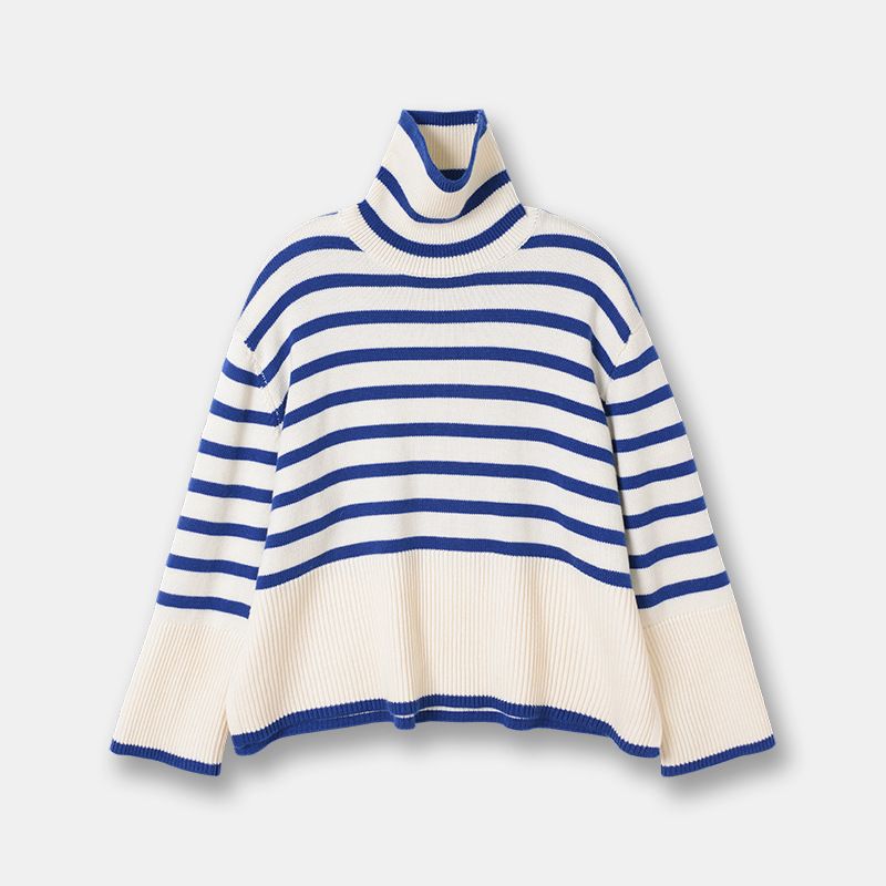 Dame Stribet Rullekrave Uld Strik Doven Profil Tyk Nordisk Sweater