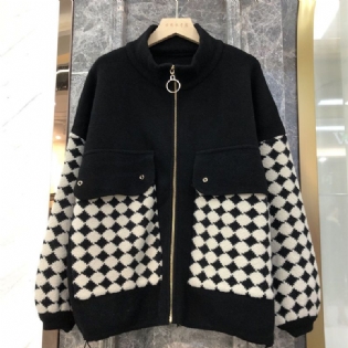 Damejakke Plaid Kort Stitching Uld Frakke Mode Stand Krave Løs