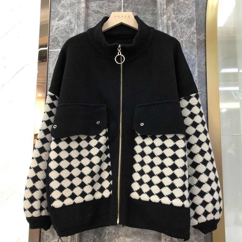 Damejakke Plaid Kort Stitching Uld Frakke Mode Stand Krave Løs