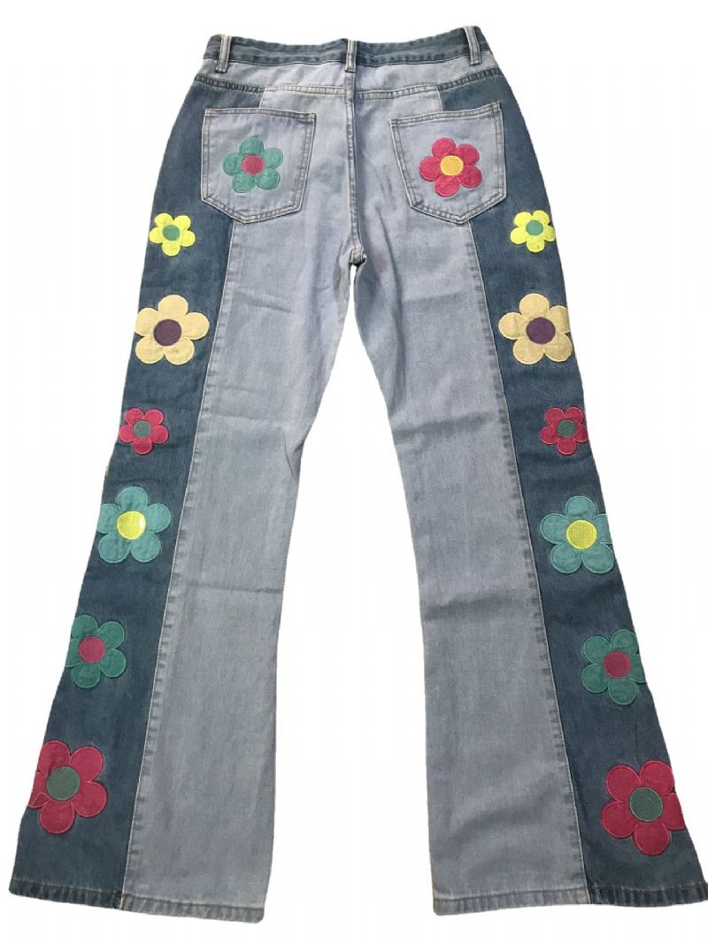 Damejeans Colorblock Sidebroderi Blomster Højtaljede Bootcut Bukser