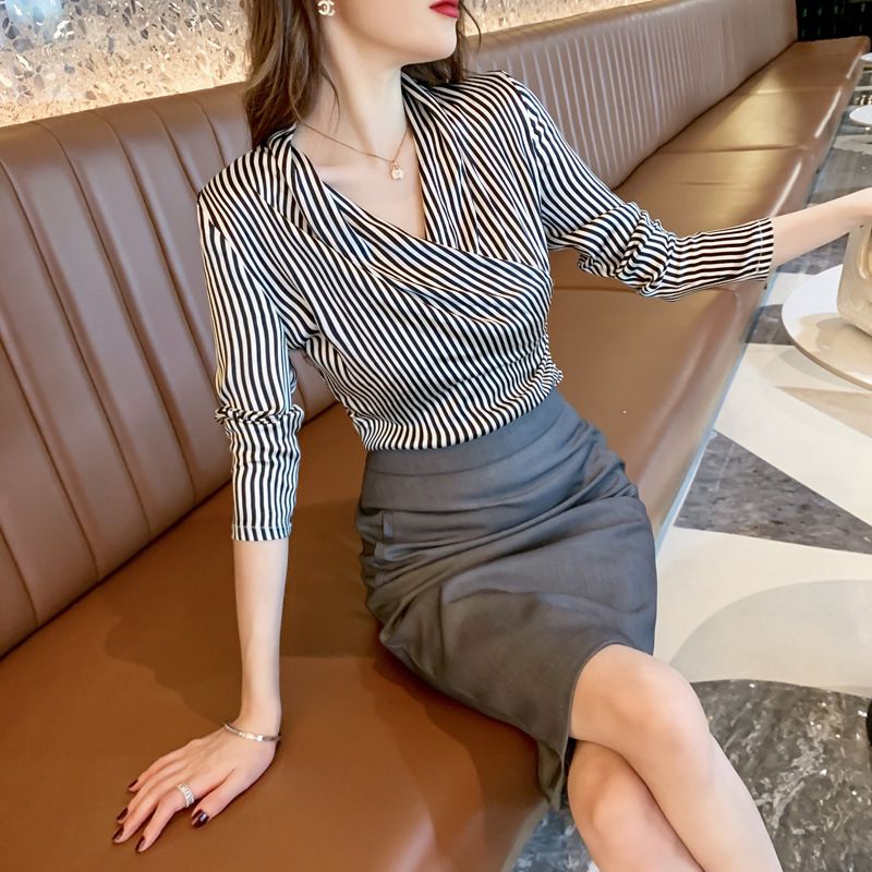 Dameskjorte Temperament Stribet Top Slim Fit