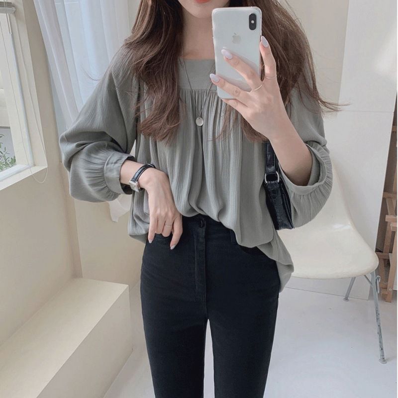 Dameskjorter Langærmede Løse Firkantede Halsoverdele Solid Chiffon
