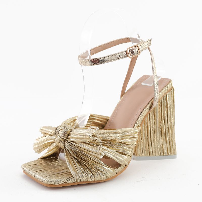 Damesko Nye Sandaler Højhælet Chunky Hæl Sløjfe Silke Retro Sko