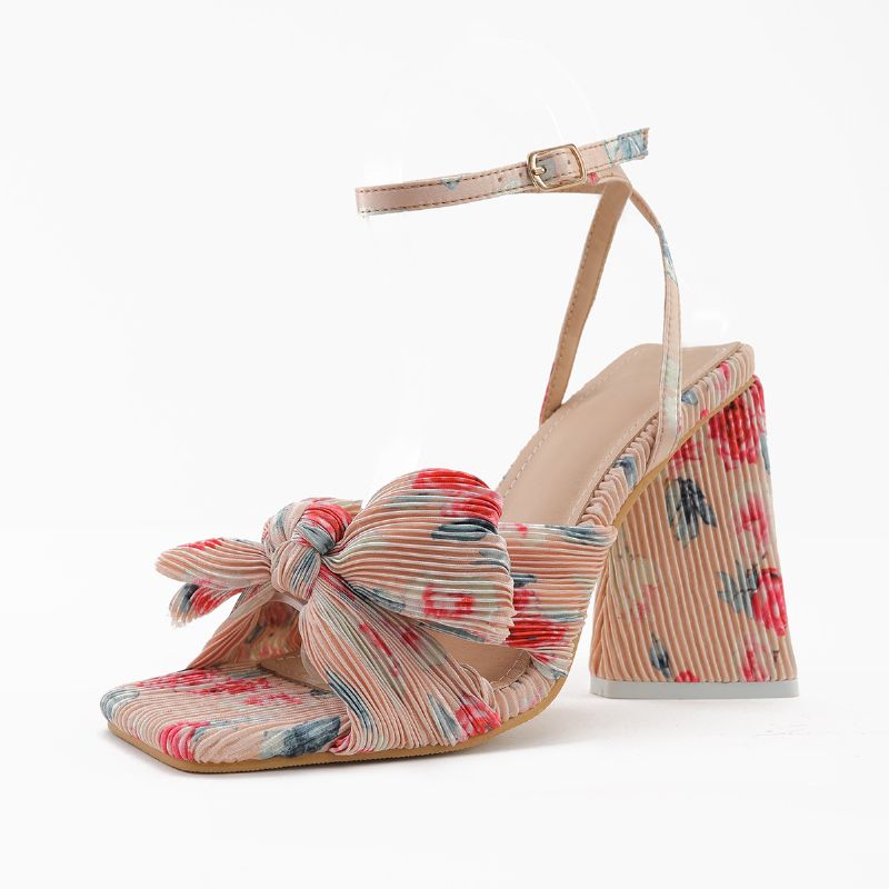 Damesko Nye Sandaler Højhælet Chunky Hæl Sløjfe Silke Retro Sko