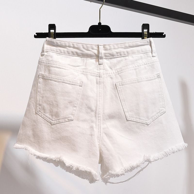 Denim Shorts Dame Højtaljede Løse Huller Brede Ben