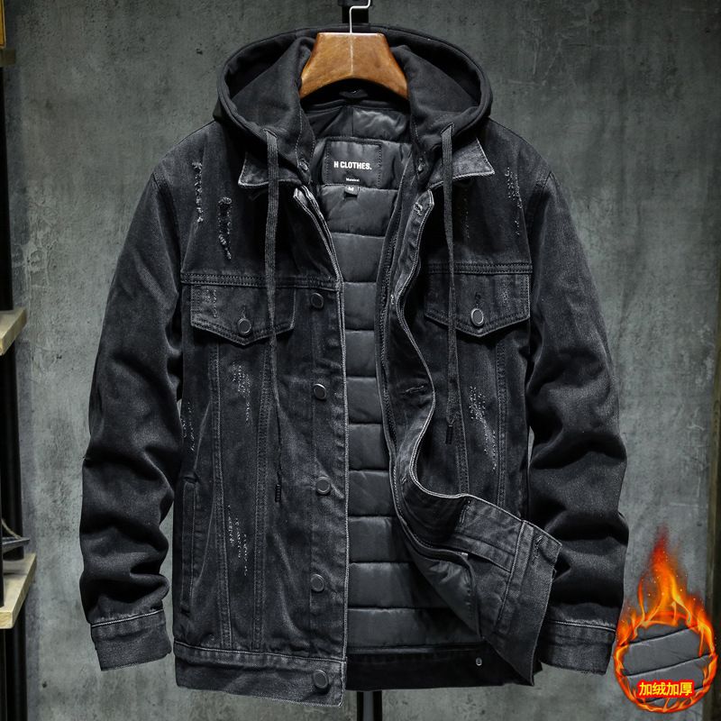 Denimjakke Mænd Trend Hooded Casual Workwear Jakke Toppe