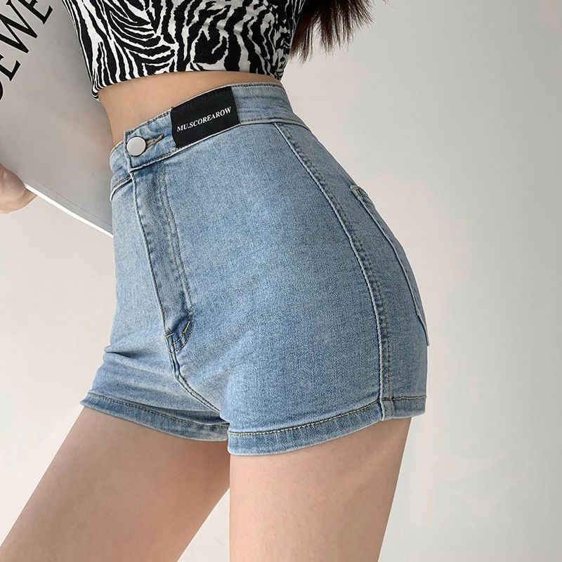 Denimshorts Dame Tyndt Sektion Højtalje Lige Slim Fit Elastisk Brede Ben