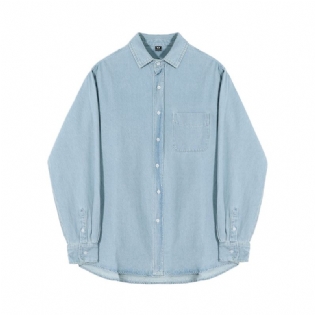 Denimskjorte Til Mænd Løs Afslappet Langærmet Lyseblå