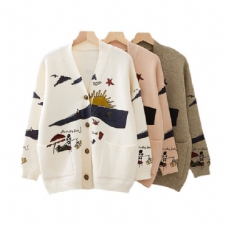 Efterår Og Vinter Sød Printet Langærmet Strikjakke Forår Ny Løs Cardigan Sweater Kvinder