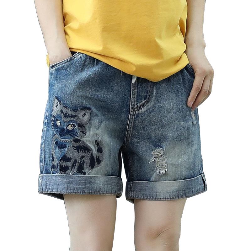 Elastisk Talje Ripped Denimshorts Dame Højtaljet Løs Lige Afslappet Retro Broderi