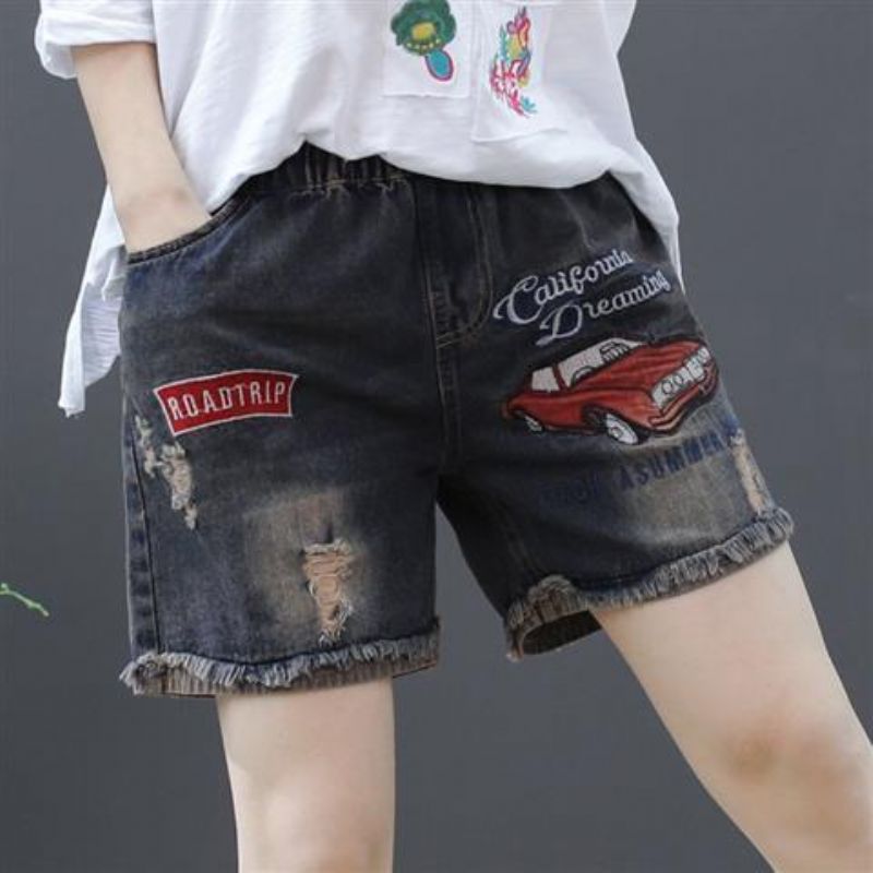 Elastisk Talje Ripped Denimshorts Dame Højtaljet Løs Lige Afslappet Retro Broderi