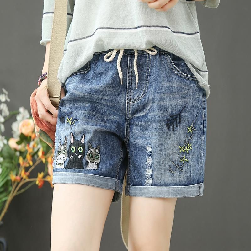 Elastisk Talje Ripped Denimshorts Dame Højtaljet Løs Lige Afslappet Retro Broderi