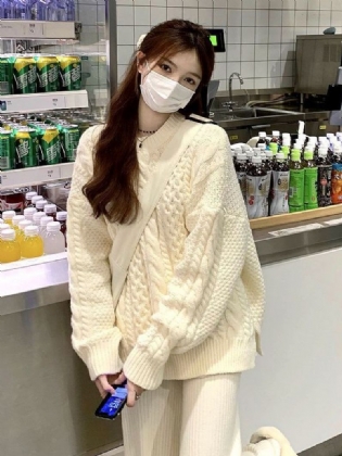Elegant Sweater Dame 2023 Forår Og Efterår Ny Twist Strik Pullover Løs Fortykket Langærmet Bundskjorte