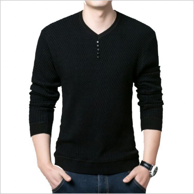 Ensfarvet Sweater Til Mænd Casual Striktrøje Med Tynde Sektioner Med Fem Knapper Klassisk Skjorte Med Baselag