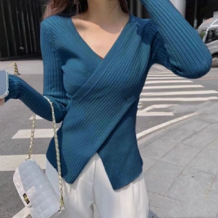 Forår Og Efterår Strikket V-hals Slim-fit Pullover Sweater Uregelmæssig Langærmet