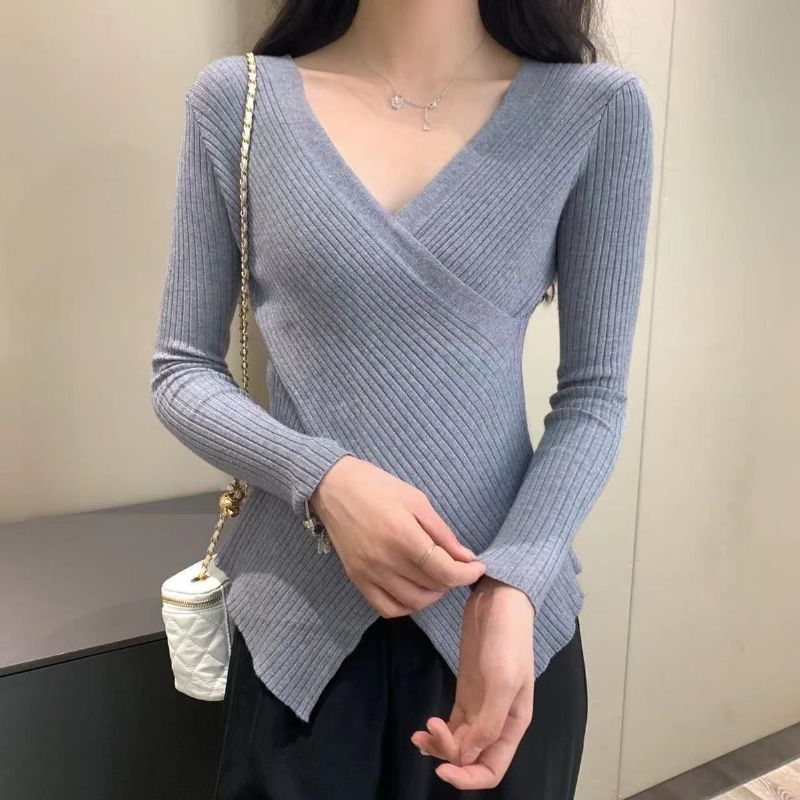 Forår Og Efterår Strikket V-hals Slim-fit Pullover Sweater Uregelmæssig Langærmet