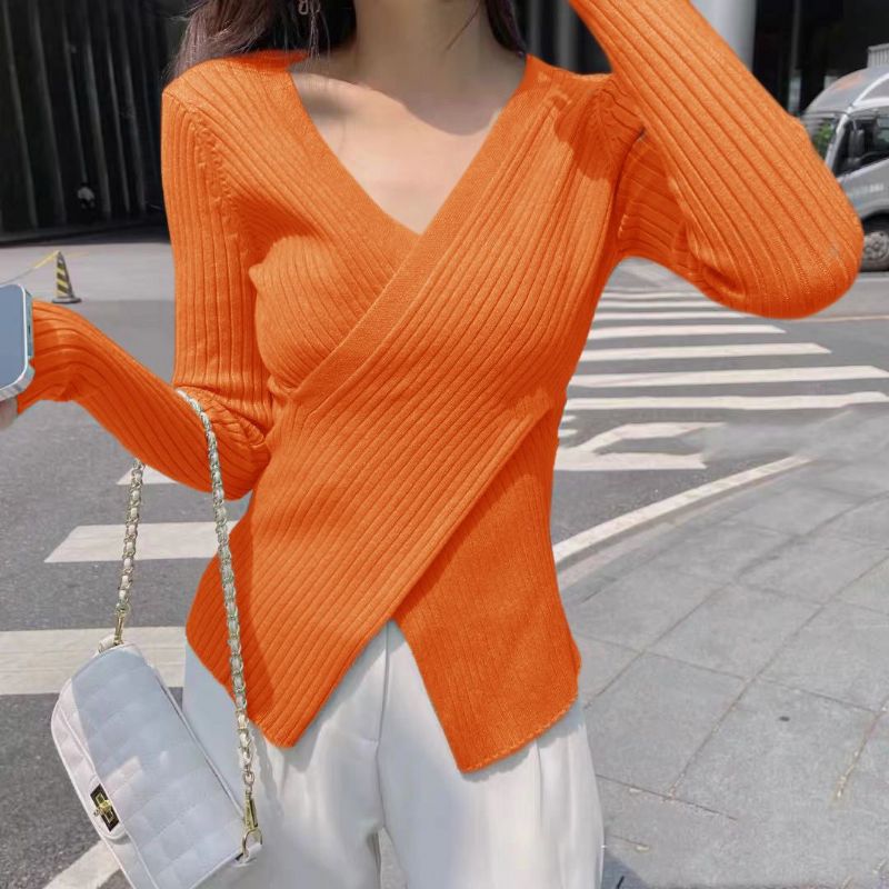 Forår Og Efterår Strikket V-hals Slim-fit Pullover Sweater Uregelmæssig Langærmet
