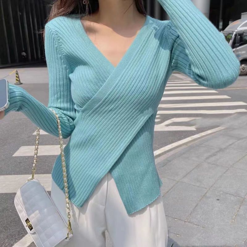 Forår Og Efterår Strikket V-hals Slim-fit Pullover Sweater Uregelmæssig Langærmet