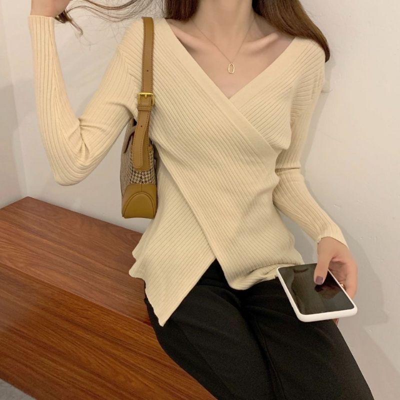 Forår Og Efterår Strikket V-hals Slim-fit Pullover Sweater Uregelmæssig Langærmet
