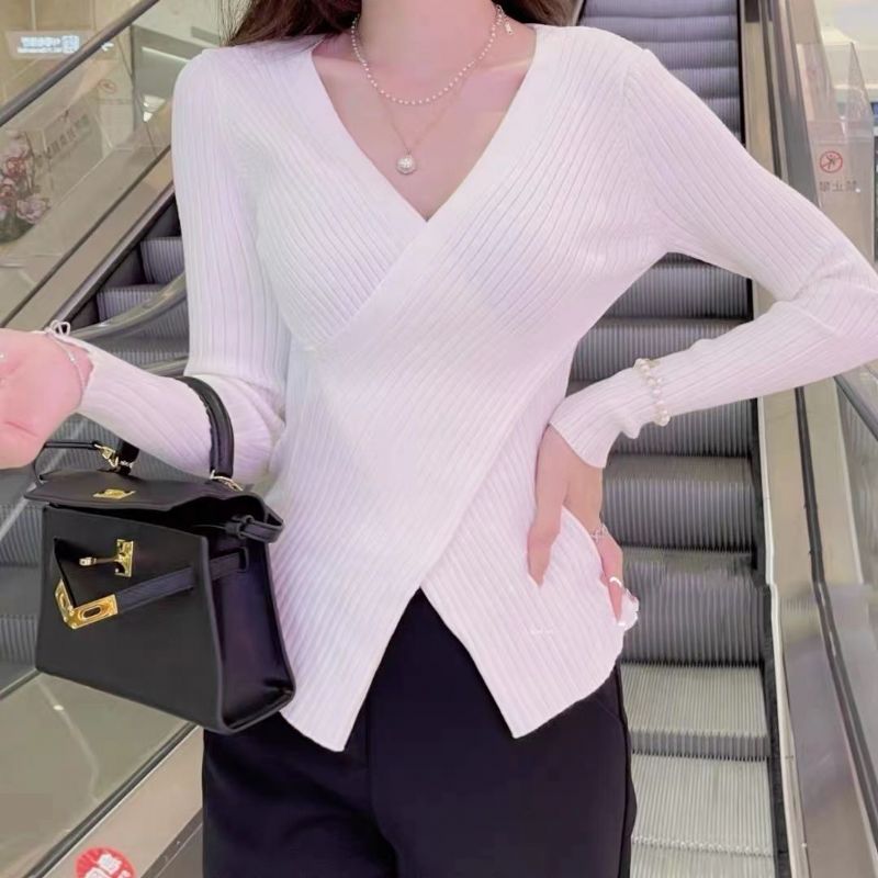 Forår Og Efterår Strikket V-hals Slim-fit Pullover Sweater Uregelmæssig Langærmet