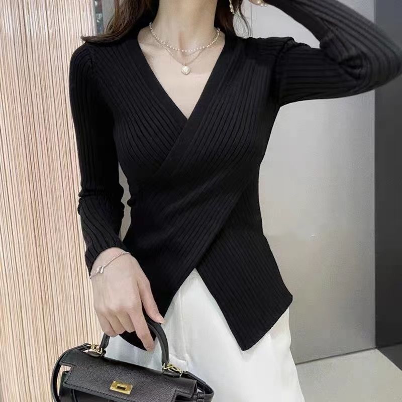 Forår Og Efterår Strikket V-hals Slim-fit Pullover Sweater Uregelmæssig Langærmet