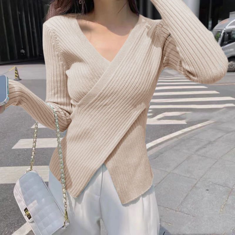 Forår Og Efterår Strikket V-hals Slim-fit Pullover Sweater Uregelmæssig Langærmet