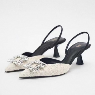 Forår Og Sommer Nye Damesko Rhinsten Firkantet Spænde Indlagt Med Lyse Dekorationer Slingback Høje Hæle Stiletto Sandaler Med Spids Tå Til Kvinder