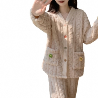 Fortykket Koralfleece Pyjamas Dame Sødt Varmt Hjemmetøjssæt
