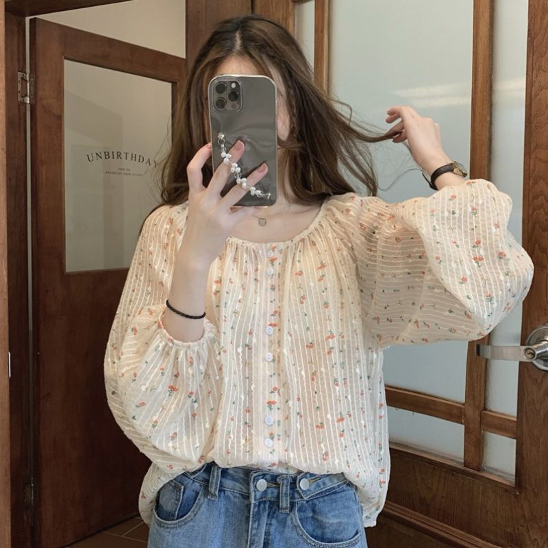 Frisk Chiffon Blomstret Dameskjorte Chic Tynd Langærmet Top