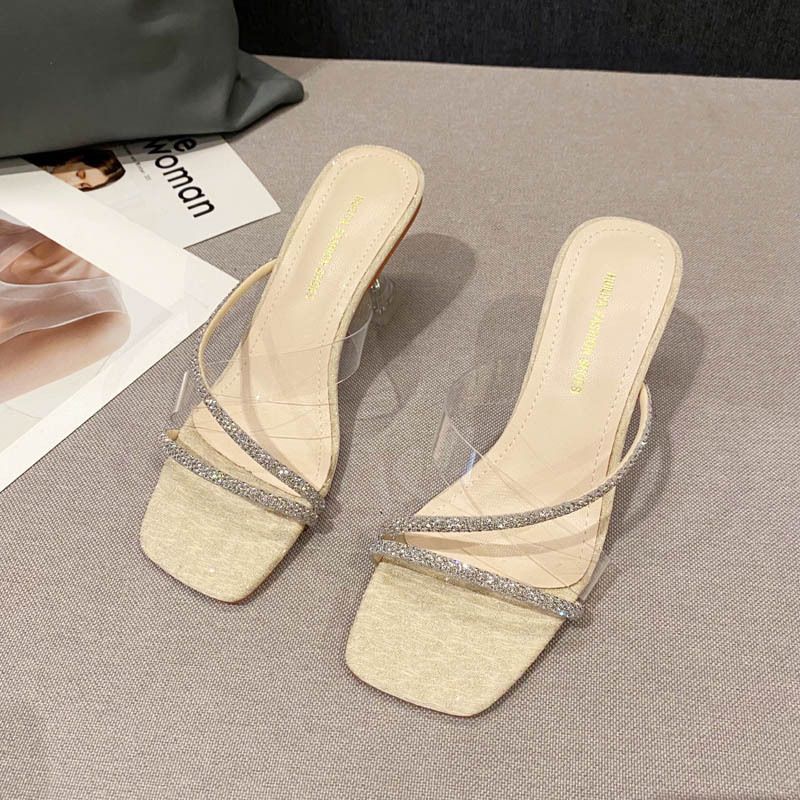 Gennemsigtige Højhælede Sandaler Forårs Nye Pull-on Tøfler Med Krystal Hæl Til Kvinder