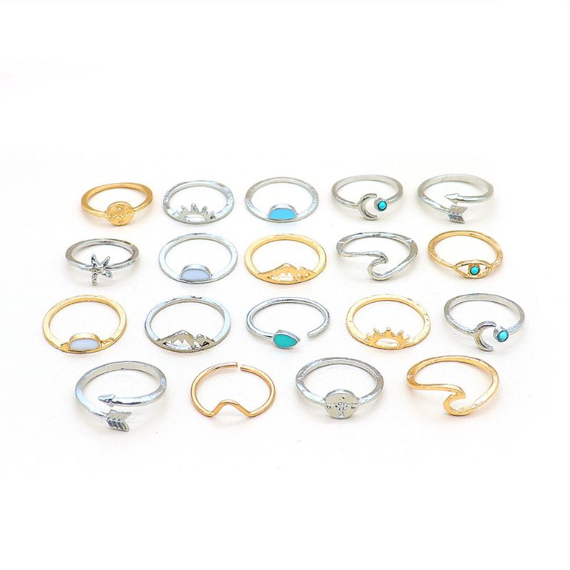 Guld Og Sølv Ringsæt Kvindelig Åbning Havbølge Turkis Sol Fiskehale Søstjerne Pil Led Ring 19 Stk.