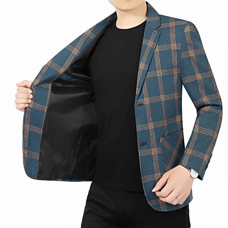 Herre Blazer Top Forår Og Efterår Plaid Enkelt To Enkeltradede Knapper