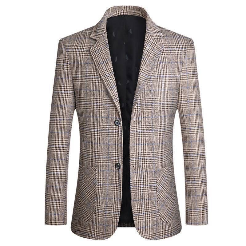 Herre Blazer Top Forår Og Efterår Plaid Enkelt To Enkeltradede Knapper