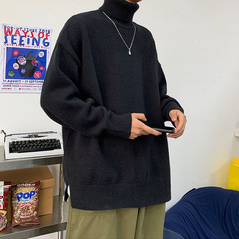 Herre Rullekrave Sweater Løs Ensfarvet Bundet Trend Pullover