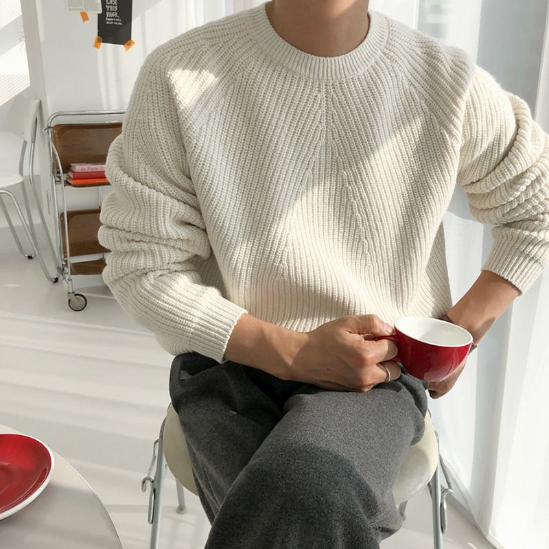 Herre Sweater Med Rund Hals Ensfarvet Trendy Løs