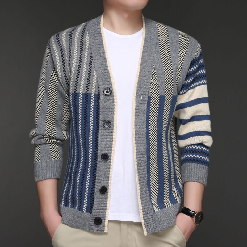 Herre Sweaterjakke 2023 Casual Jacquard Stribet Strik Cardigan